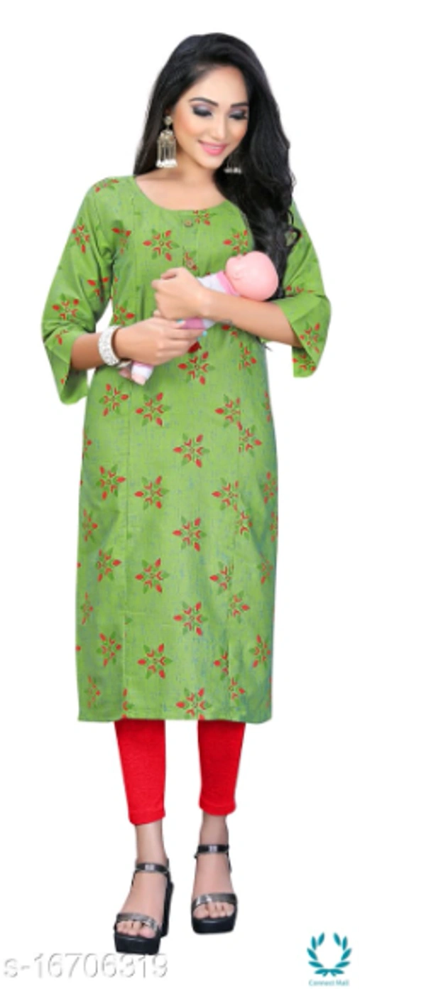 Women Cotton Maternity Applique Green Kurti - L (Bust Size: 40 in, Size Length: 44 in) 